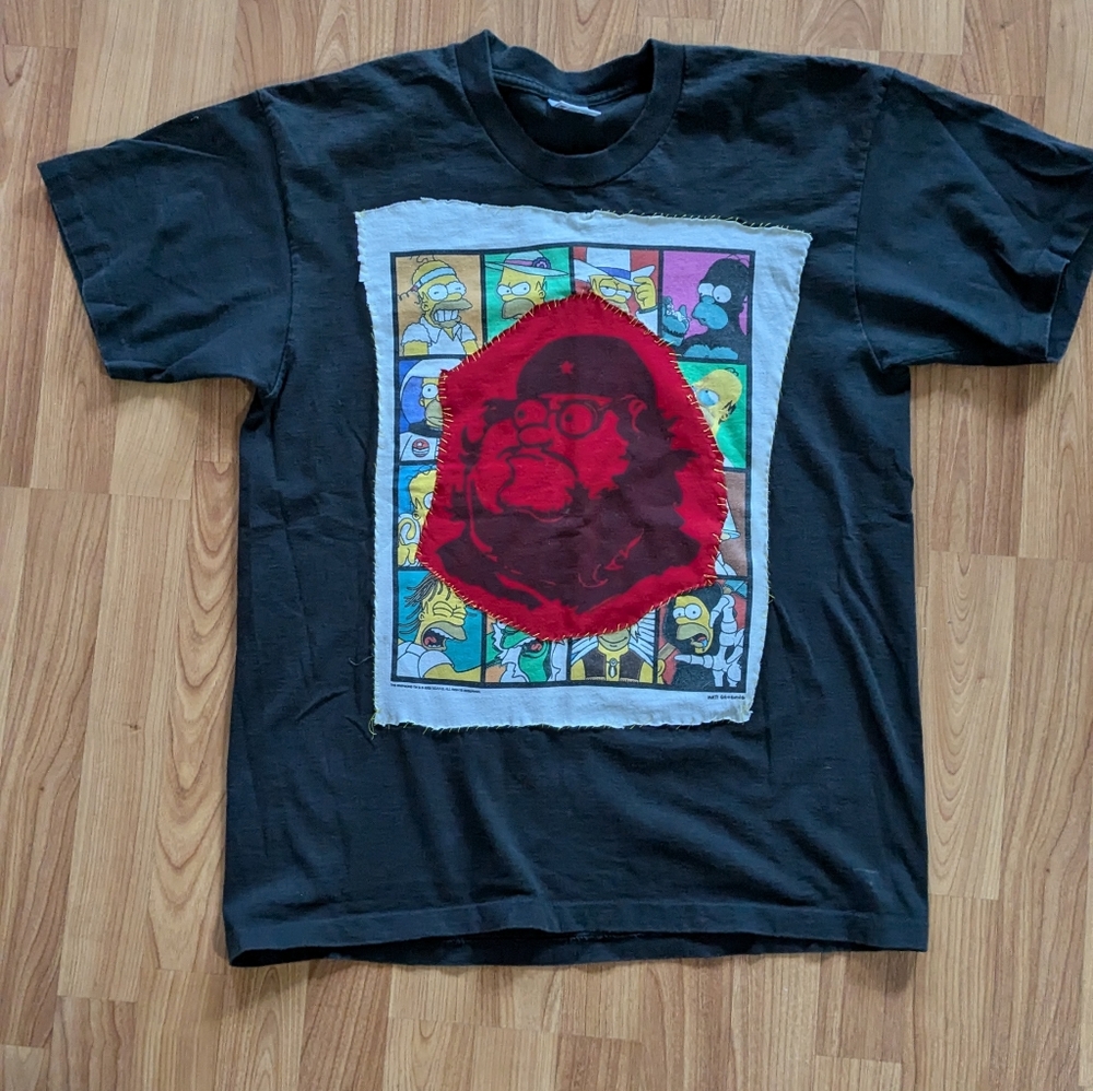 Simpsons x Family Guy hand stitched/ upcycled black T-shirt. Size Large.